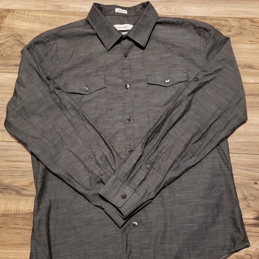 Calvin Klein Gray Dressy Long Sleeve Slim Fit Mens Shirt Size Large 100% Cotton